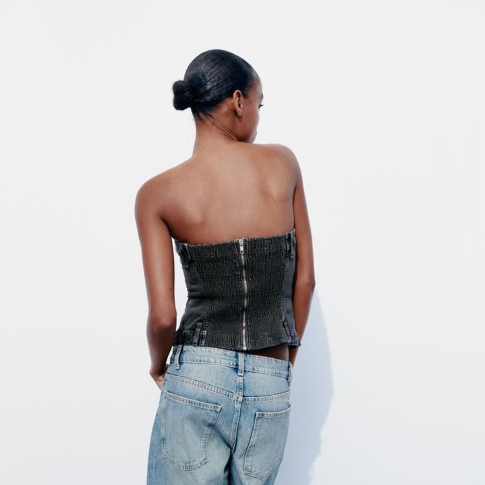Zara Black Denim Strapless Corset Top with Silver Buttons Size Medium NWT - Picture 4 of 9